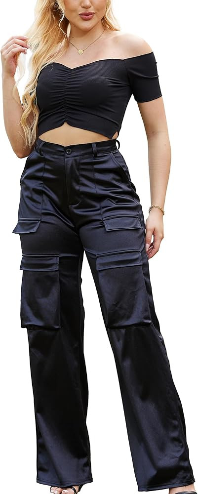 Womens High Waisted Satin Cargo Pants Loose Fit Wide Leg Trousers with Pockets Trendy Outfit | Amazon (US)