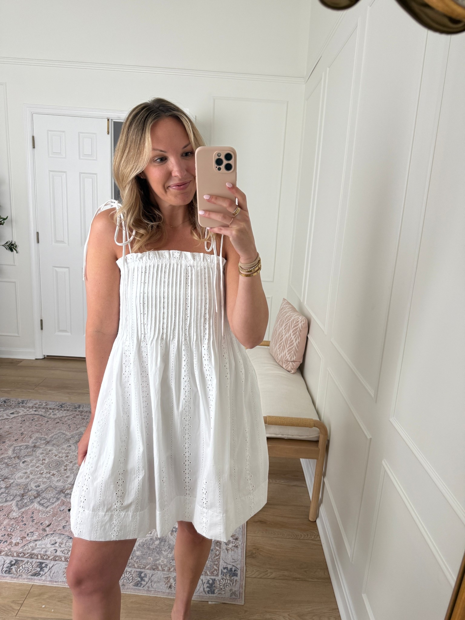 Pretty eyelet details on this white dress and I love the true tie straps as well! Wearing a med 

#LTKMidsize