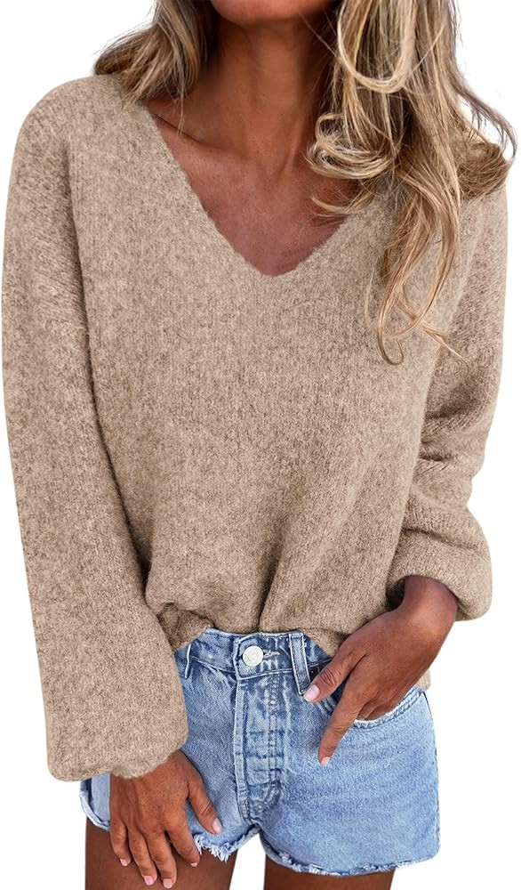 KIRUNDO Sweaters for Women Fall 2025 Oversized V Neck Cozy Cute Casual Long Sleeve Knit Pullover ... | Amazon (US)