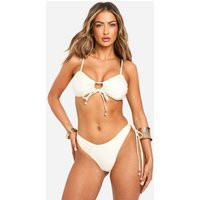Womens Pearl Trim Tie Front Bandeau Bikini Top & Tie Side Bikini Bottoms Set - White - 12 | boohoo (US & Canada)