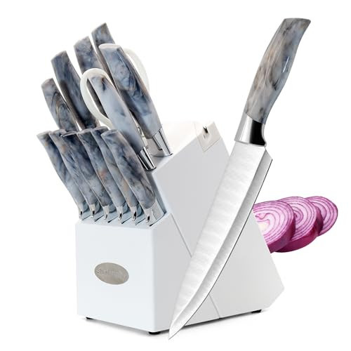 Professional Kitchen Knife Set – 14pcs Knives Set, High Carbon Stainless Steel Cutlery Knife Block Set with Serrated Steak Knife, Bread Knife, Chef Quality, Sharp Blades Gray handle | Amazon (US)