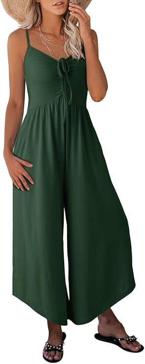 Dokotoo Womens Jumpsuits Spaghetti Straps Ruched Drawstring Knit Wide Leg Romper Casual Jumpsuits... | Amazon (US)