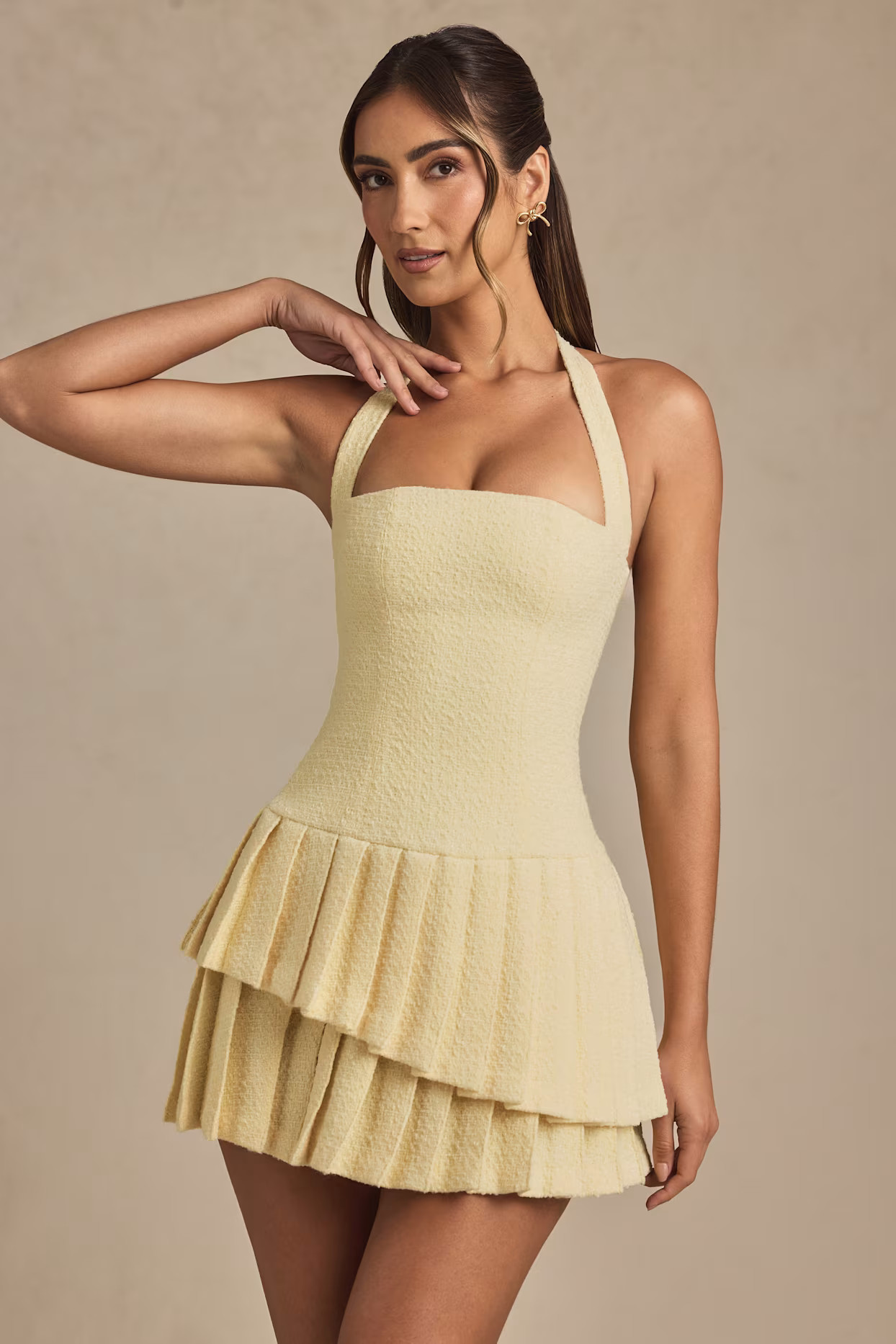 Asymmetric Layered Halterneck Mini Dress in Pastel Yellow | Oh Polly