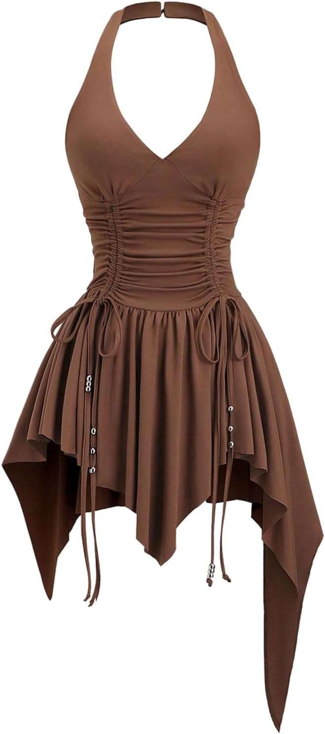 WDIRARA Women's Western Goth Halter Mini Dress Punk Ruched A Line Dresses | Amazon (US)