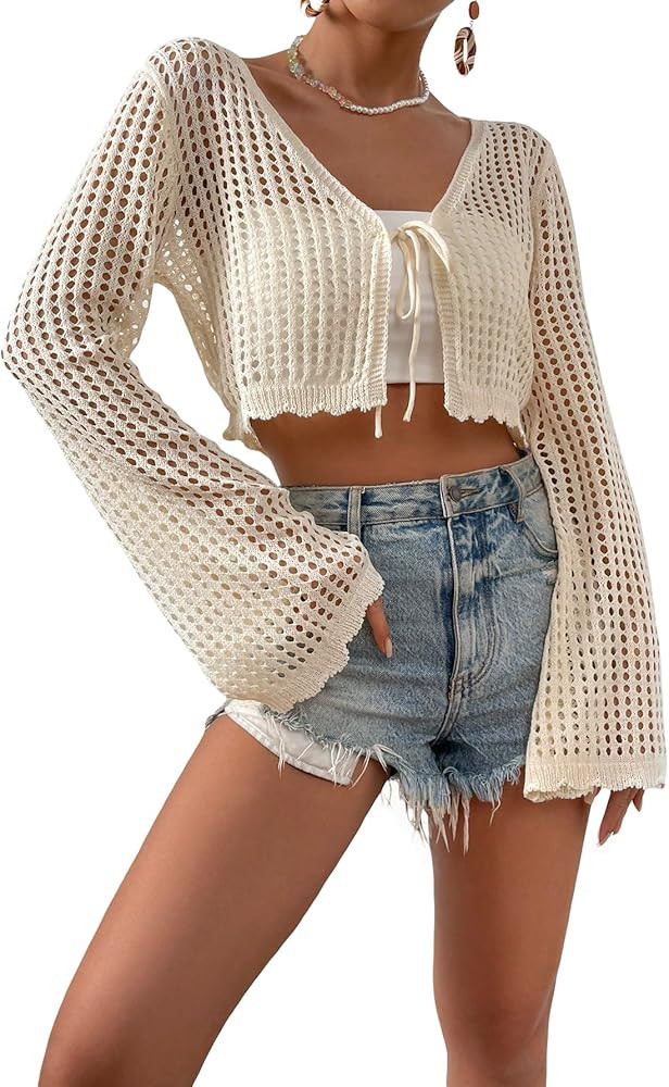 SHENHE Women's Tie Front Tops Bell Long Sleeve Knit Crochet Cardigan Crop Top | Amazon (US)