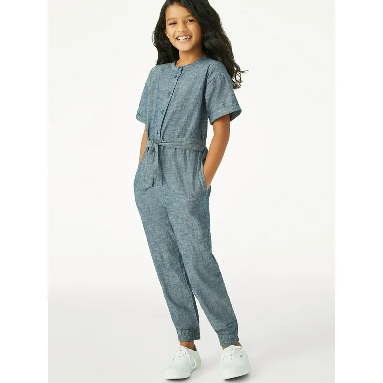 Free Assembly Girls Short Sleeve Belted Jumpsuit, Sizes 4-18 | Walmart (US)
