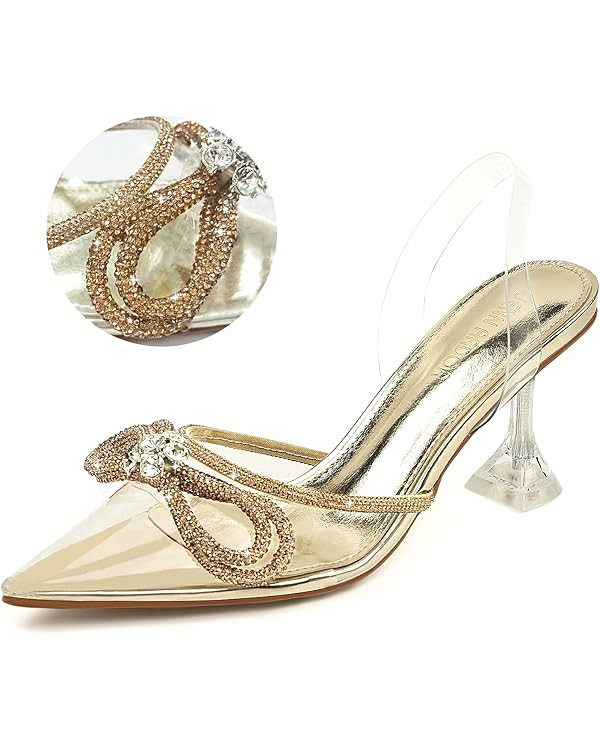 JENN ARDOR Women’s Heels for Bride Sparkly Low Heels Slingback Pumps 3.4 inch Clear Kitten Heel... | Amazon (US)