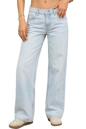 ELLEVEN Low Rise Baggy Jeans for Women Trendy Stretchy Y2K Wide Leg Jeans Boyfriend Straight Leg Denim Pants Sky Blue Denim 0 | Amazon (US)