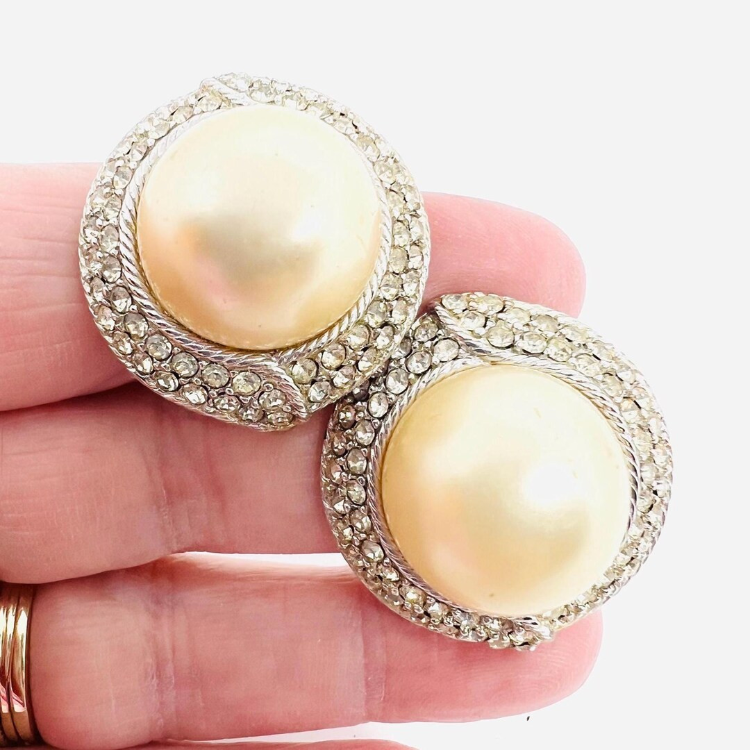 Large CINER Domed Faux Pearl & Pave Rhinestone Earrings Signed Vintage Designer Jewelry | Etsy (US)