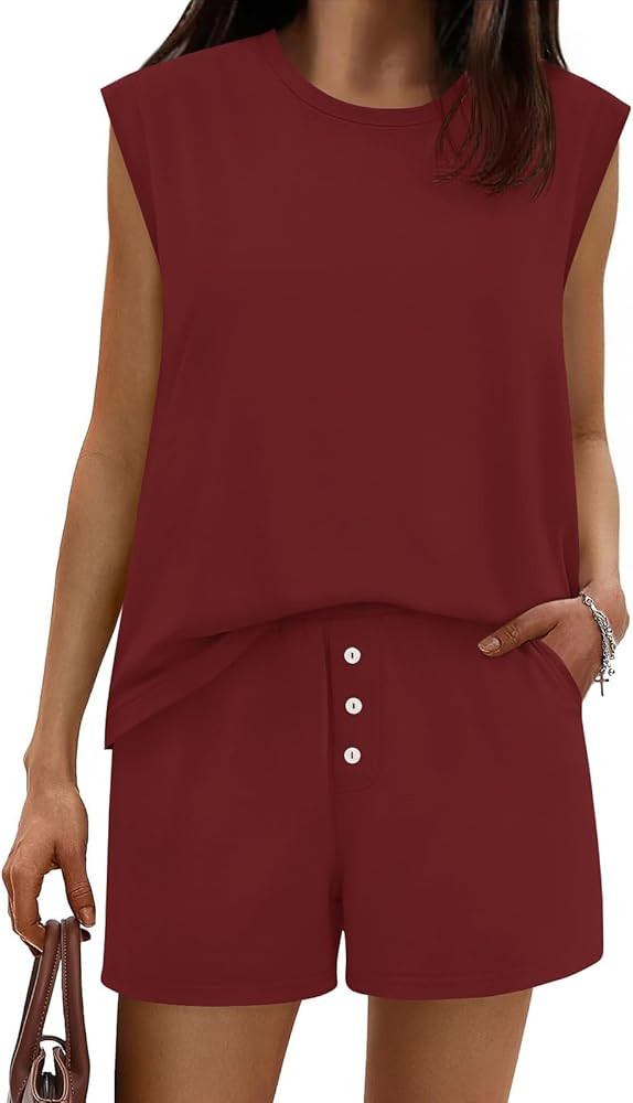 Tankaneo Womens 2 Piece Summer Outfits Casual Crewneck Sleeveless Tank Tops and Shorts Lounge Mat... | Amazon (US)