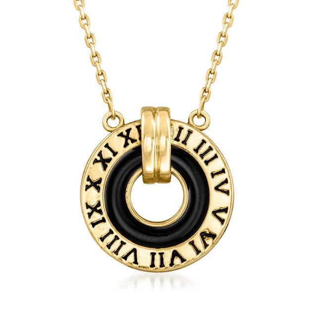 Ross-Simons Black Enamel Roman Numeral Sundial Necklace in 14kt Yellow Gold | Shop Simon