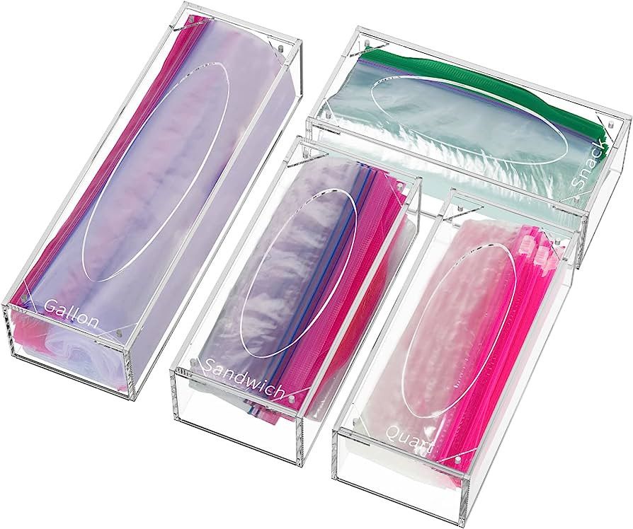 FEMELI Food Bag Storage Organizer, Acrylic Kitchen Drawer Baggie Box, Compatible with Gallon, Sli... | Amazon (US)