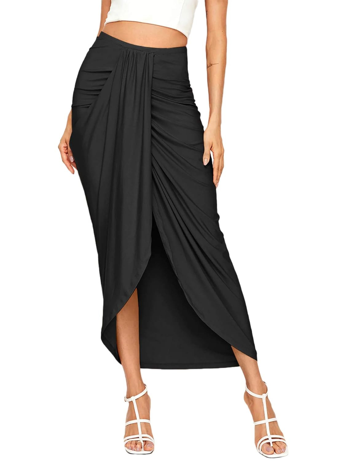 SheIn Women's Casual Slit Wrap Asymmetrical Elastic High Waist Maxi Draped Skirt | Amazon (US)