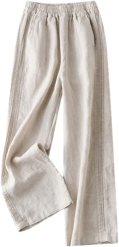 Straight Side Stripe Line Cotton Linen Trousers Women's High Waist Drape Loose Casual Pants | Amazon (US)