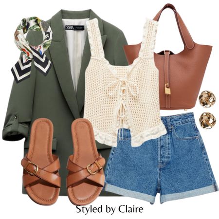 Run for these £12.99 sandals🙋🏽‍♀️
Tags: tailored short sleeve khaki blazer, crochet tie top, denim mom shorts, crossover sliders H&M Stradivarius, gold earrings, silk scarf accessories, Celine bag. Fashion spring primavera inspo outfit ideas casual brunch city break summer chic styling 

#LTKshoecrush #LTKitbag #LTKstyletip