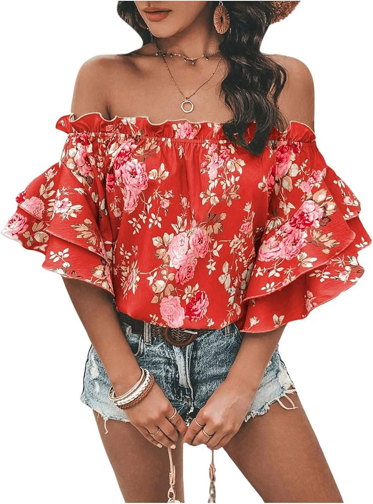 SOLY HUX Women's Floral Print Blouse Off Shoulder Ruffle Trim Half Sleeve Summer Tops | Amazon (US)