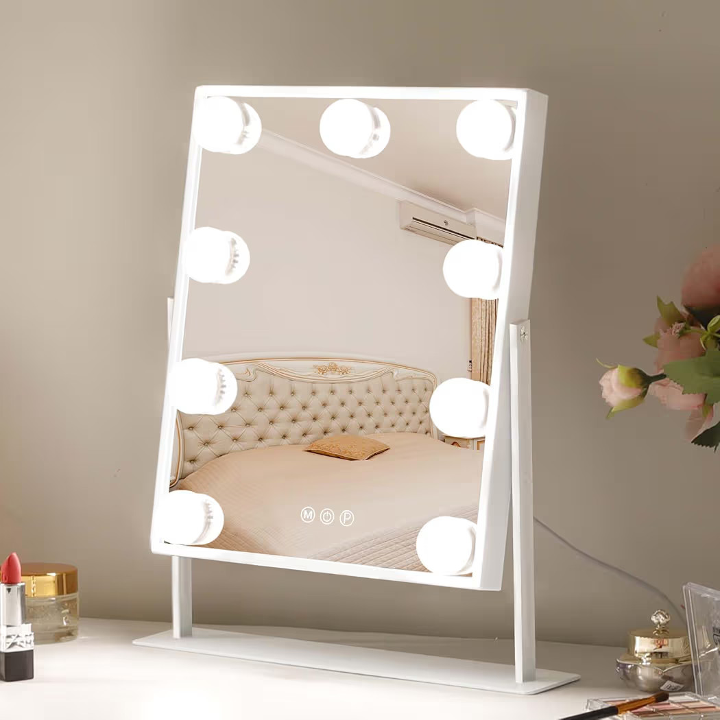 Vanity Mirror with Lights Hollywood Lighted Makeup Mirror with 9 Dimmable Bulbs & 3 Color Lighting Modes, Detachable 10X Magnification Mirror and 360 Degree Rotation(White) | Amazon (US)