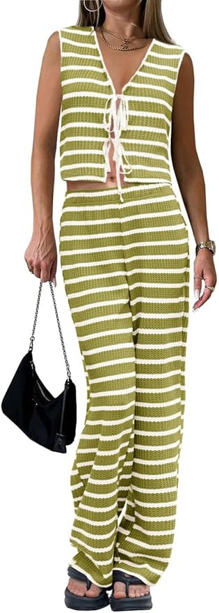 Tankaneo Womens Crochet Sets 2 Piece Outfits Tie Front Sleeveless Vest Tops Wide Leg Pants Stripe... | Amazon (US)