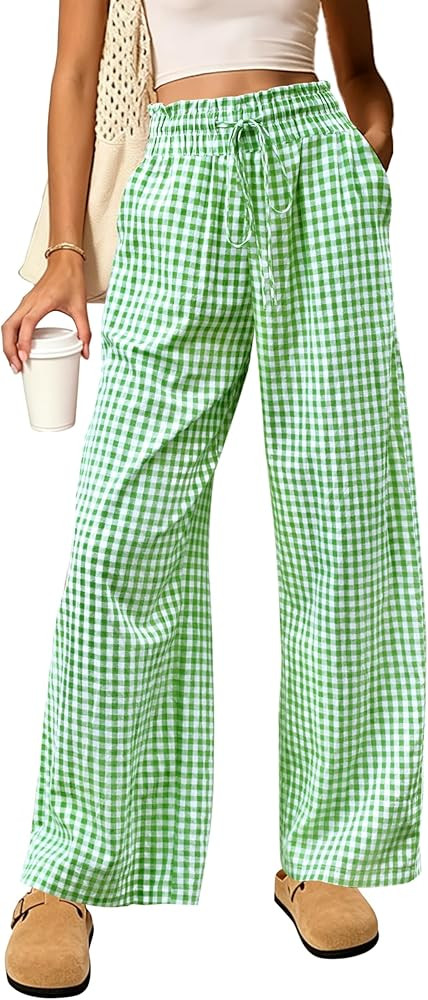 Cotton Gingham Striped Pants Women High Waisted Ruffle Wide Leg Lounge Pajama Trousers with Pocke... | Amazon (US)