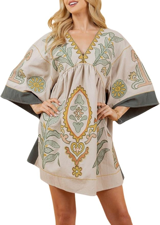 Womens Floral Embroidered Dress Boho V-Neck Mini Dress Loose Fit 3/4 Sleeves Babydoll Dress | Amazon (US)