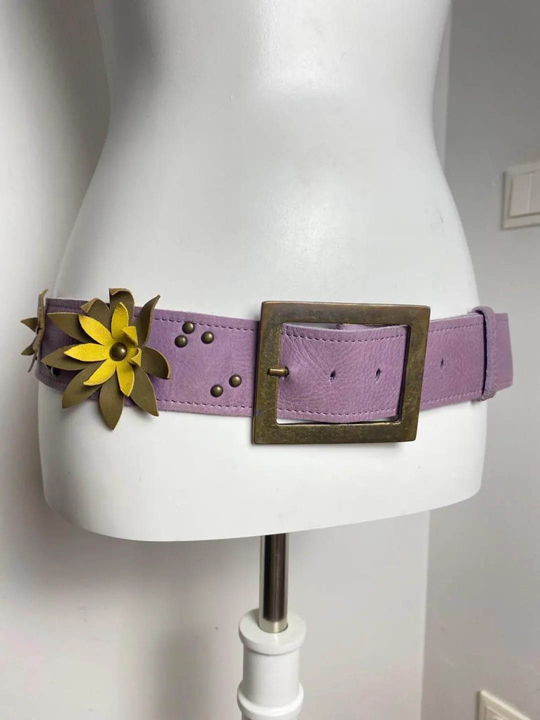 Vintage Lilac Leather Belt with Flower Details – 70s/80s Style Studded Statement Belt | Etsy (US)