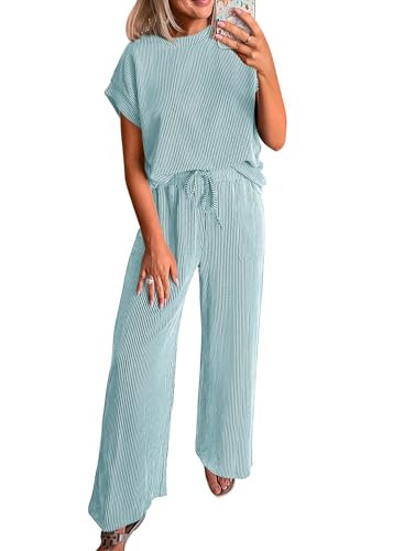 KIRUNDO 2 Piece Sets for Women Dressy Casual Ribbed Knit Short Sleeve Tops Wide Leg Pants Lounge Set Travel Airport Outfits(Aqua Blue, Small) | Amazon (US)