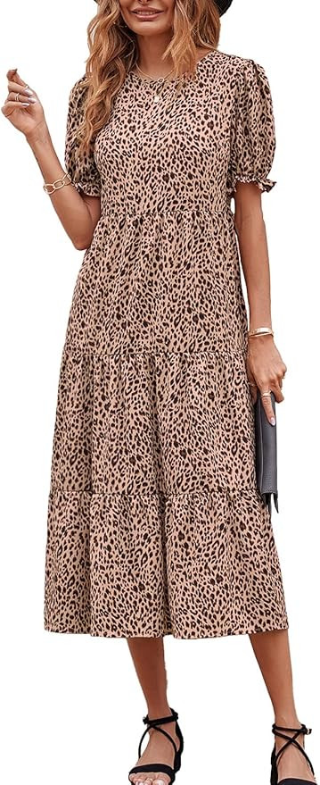 PRETTYGARDEN Women's Summer Casual Boho Dress Floral Print Ruffle Puff Sleeve High Waist Midi Bea... | Amazon (US)