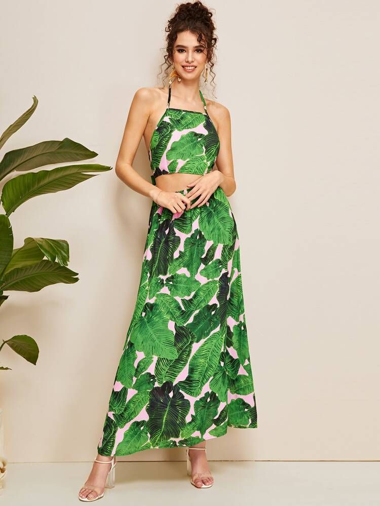Tropical Print Knot Back Top With Skirt | SHEIN