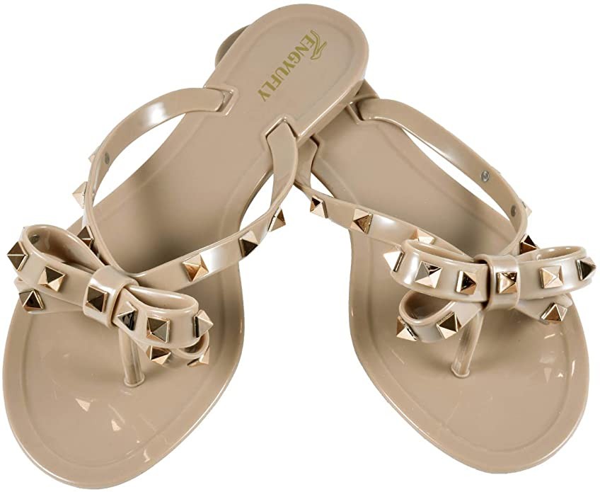 TENGYUFLY Womens Rivets Bowtie Flip Flops Jelly Thong Sandal Rubber Flat Summer Beach Rain Shoes | Amazon (US)