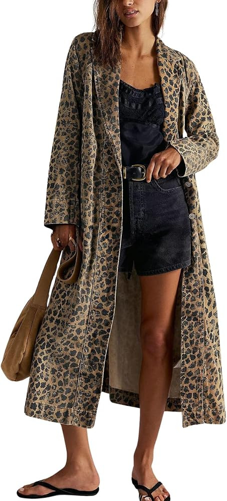 chouyatou Women 2026 Fall Leopard Print Denim Trench Coat Distressed Midi Long Denim Jean Jacket ... | Amazon (US)