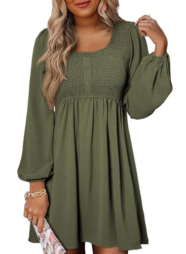 Dokotoo Casual Dresses for Women 2026 Spring Crewneck Long Sleeve Fashion Smocked A-line Flowy Hem Elegant Empire Waist Olive Green Dress Dresses XX-Large | Amazon (US)