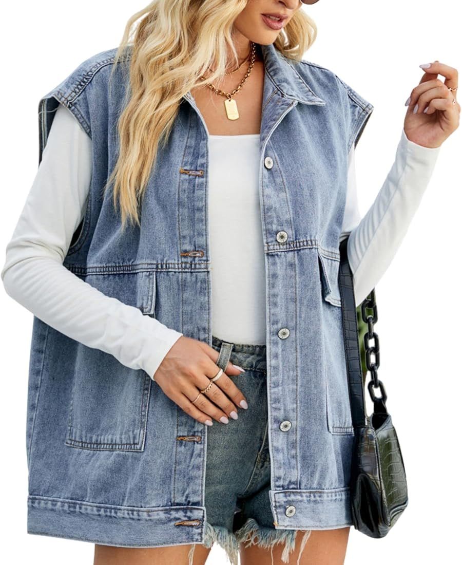FindThy Women’s Vintage Denim Jean Vest Oversized Button Down Jean Waistcoat Gilet | Amazon (US)