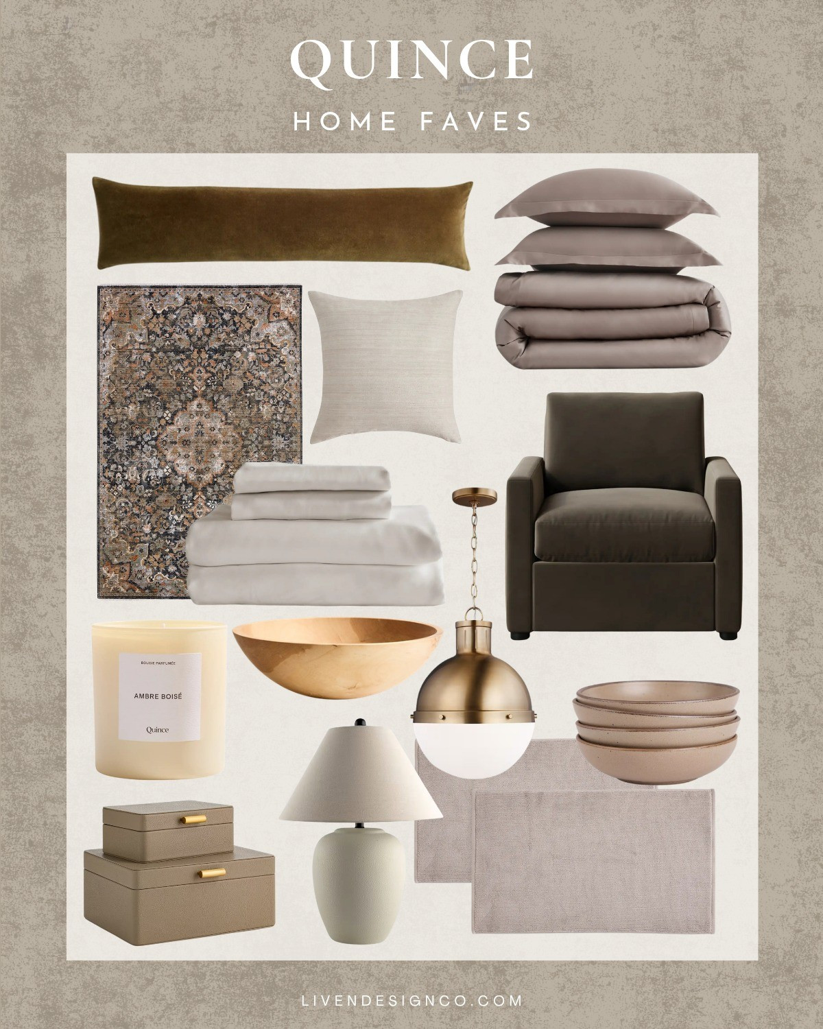 Quince home faves. Vintage style traditional rug. Living room. Lumbar velvet pillow. Bath rugs. Velvet accent chair. Armchair. Wood serving bowl. Globe pendant. Soy candle. Bedding. Duvet. Bed sheets. Bamboo sheets. Ceramic lamp. Decorative boxes. Coffee table decor 

#LTKSeasonal #LTKHome #LTKSaleAlert