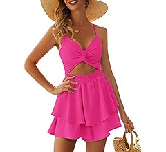 AGERWAY Women's Jumpsuit Sexy V Neck Twist Spaghetti Straps Double Layer Ruffle Hem Mini Short Ro... | Amazon (US)