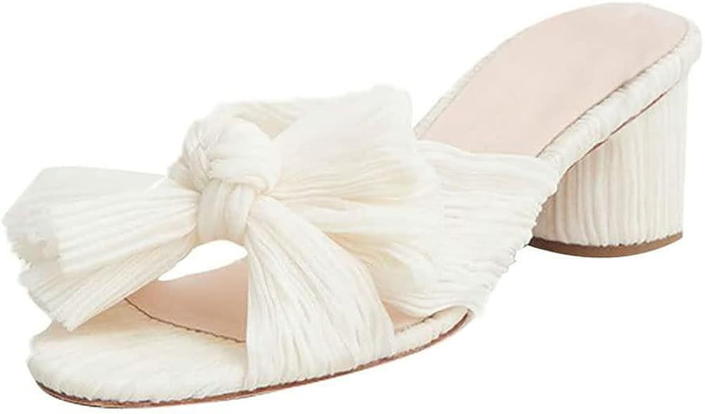 Vimisaoi Chunky Block Heeled Sandals for Women Comfortable Slip On Open Toe Pleated Bow Heel Sand... | Amazon (US)