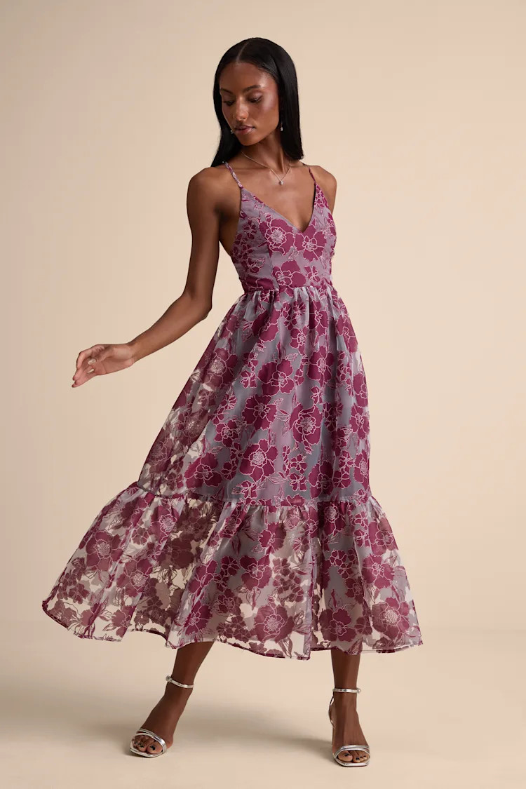 Feeling Like Forever Plum Jacquard Organza Lace-Up Midi Dress | Lulus