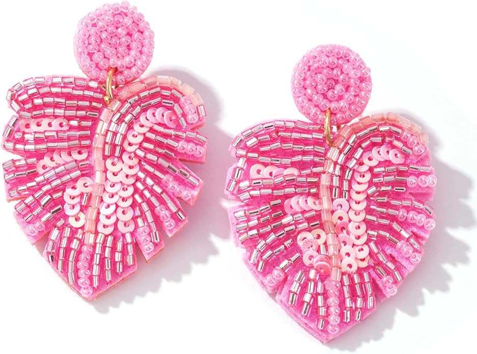 Beaded palm leaf earrings boho - handmade tropical Monstera dangle earrings for summer beach vaca... | Amazon (US)