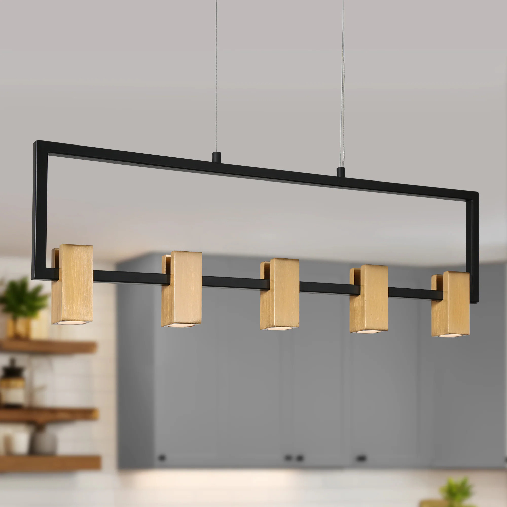 ZEVNI Linekia Transitional 5 -Light Matte Black/Polished Brass Modern/contemporary Metal Linear LED Large Hanging Kitchen Island Light | Lowe's