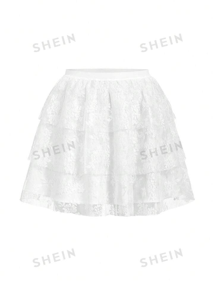 SHEIN Privé Multi-Layer Lace Ruffle Trim Umbrella Skirt In White For Women's Romantic Date | SHEIN