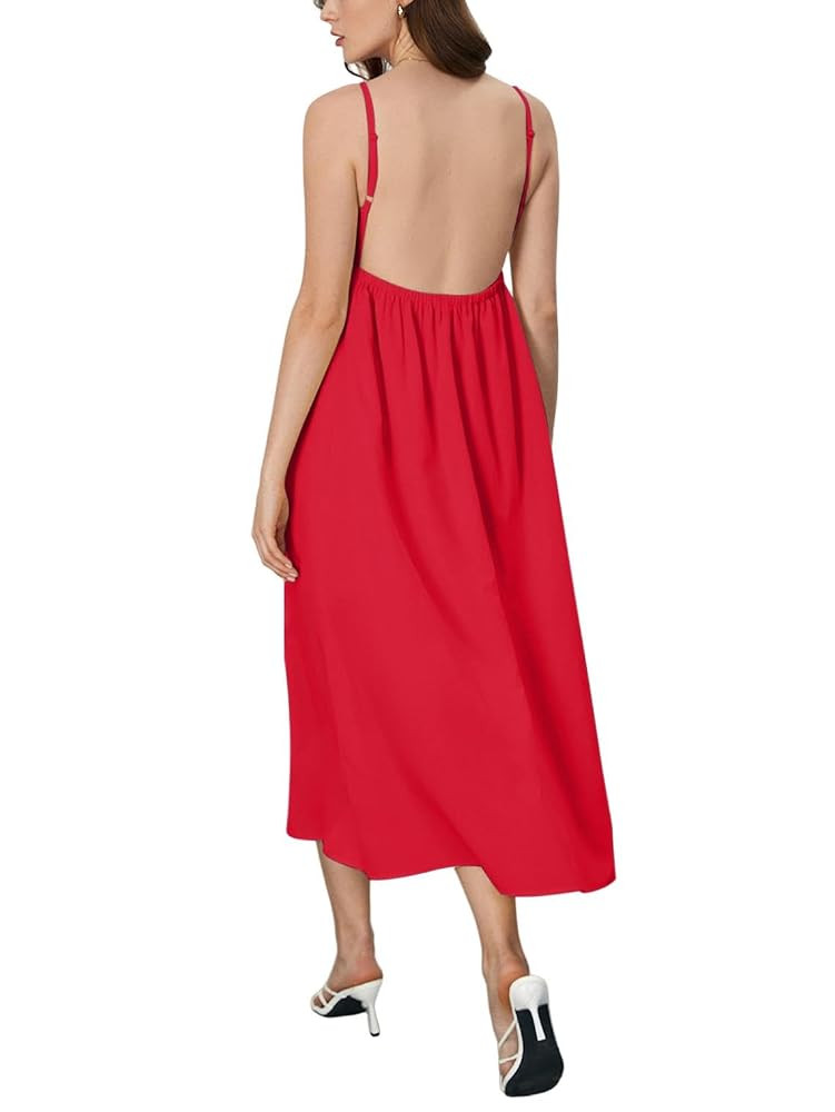 SOLY HUX Women's Summer Dress Backless V Neck Spaghetti Strap Loose Flowy Midi Cami Dresses | Amazon (US)