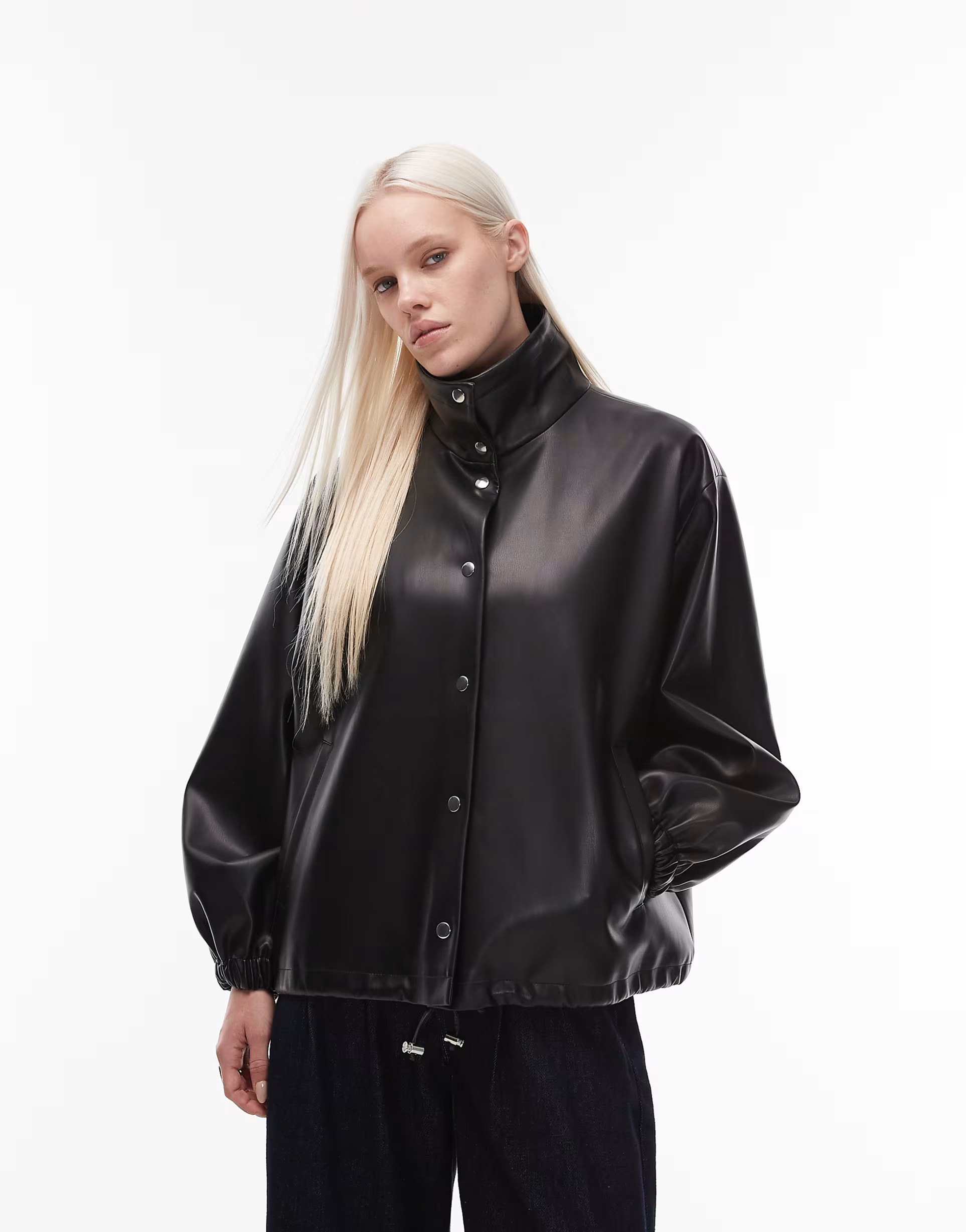 ASOS DESIGN faux leather funnel neck jacket in black | ASOS (Global)