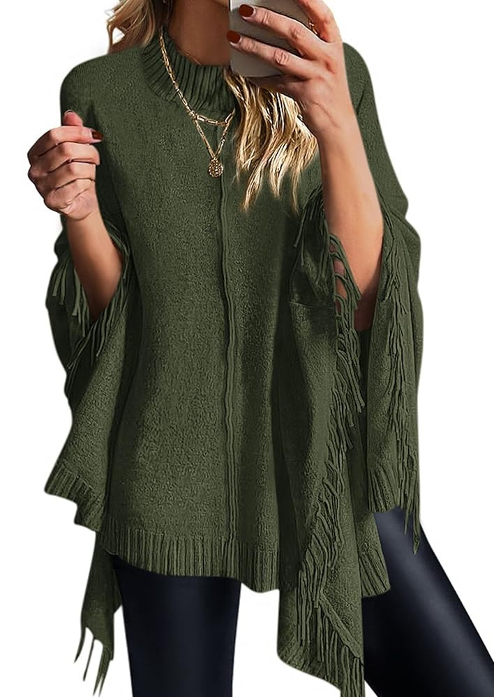 PRETTYGARDEN Women's 2025 Fall Winter Poncho Sweaters Trendy Chunky Knit Fringe Shawls Wraps Pull... | Amazon (US)