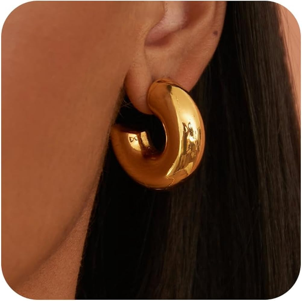 Misearo Chunky Gold Hoop Earrings for Women, Trendy Thick Gold Hoops Dainty Large 14K Gold Hollow... | Amazon (US)