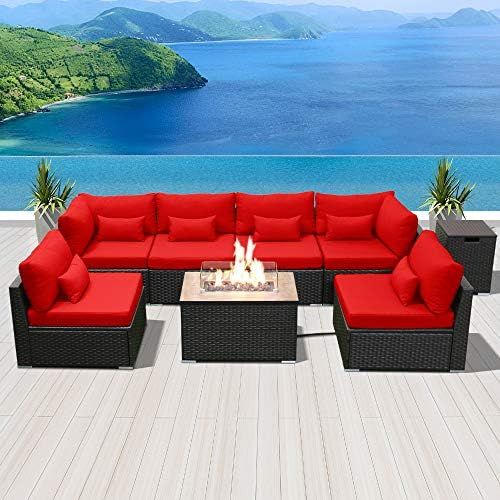 DINELI Patio Furniture Sectional Sofa with Gas Fire Pit Table Outdoor Patio Furniture Sets Propan... | Amazon (US)