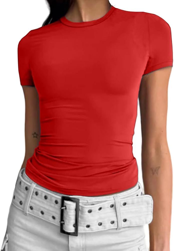 Women's Casual Basic Going Out Crop Tops Slim Fit Short Sleeve Crew Neck Tight T Shirts | Amazon (US)