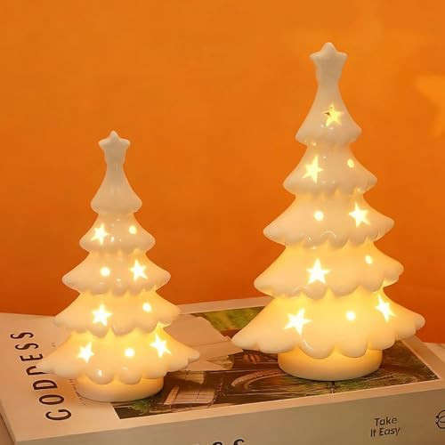 Luxstyra 2 Pcs Light Up White Ceramic Christmas Trees, Table Top Christmas Tree with Lights, Porcelain Tree Figurine with Timer, Small Ceramic Christmas Trees Set, White Christmas Decor for Tabletop | Amazon (US)
