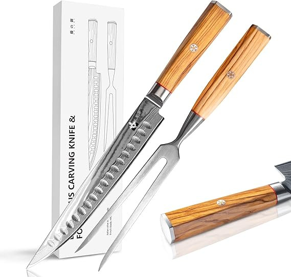 Carving Knife and Fork Set for Meat Turkey - Set of 2 with 9 inch Damascus Slicing Carving Knife ... | Amazon (US)