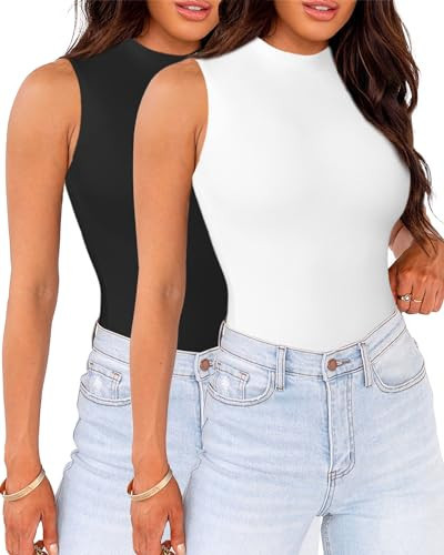 WAYMAKER Black White Bodysuit Set for Women High Neck Sleeveless Tank Top Body Suit, Black White, Small | Amazon (US)