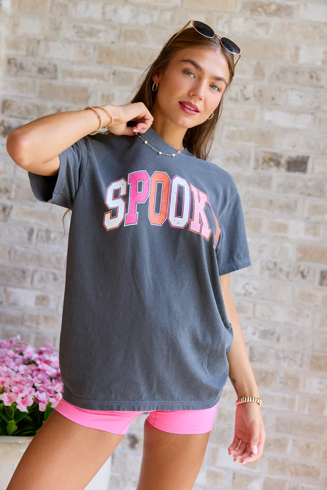 Multi Color Spooky Block Dark Grey Graphic Tee | Pink Lily
