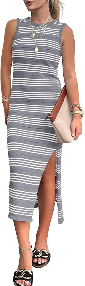 BTFBM Women's Sleeveless Summer Dresses 2024 Crew Neck Casual Sundress Hollow Out Side Slit Bodyc... | Amazon (US)